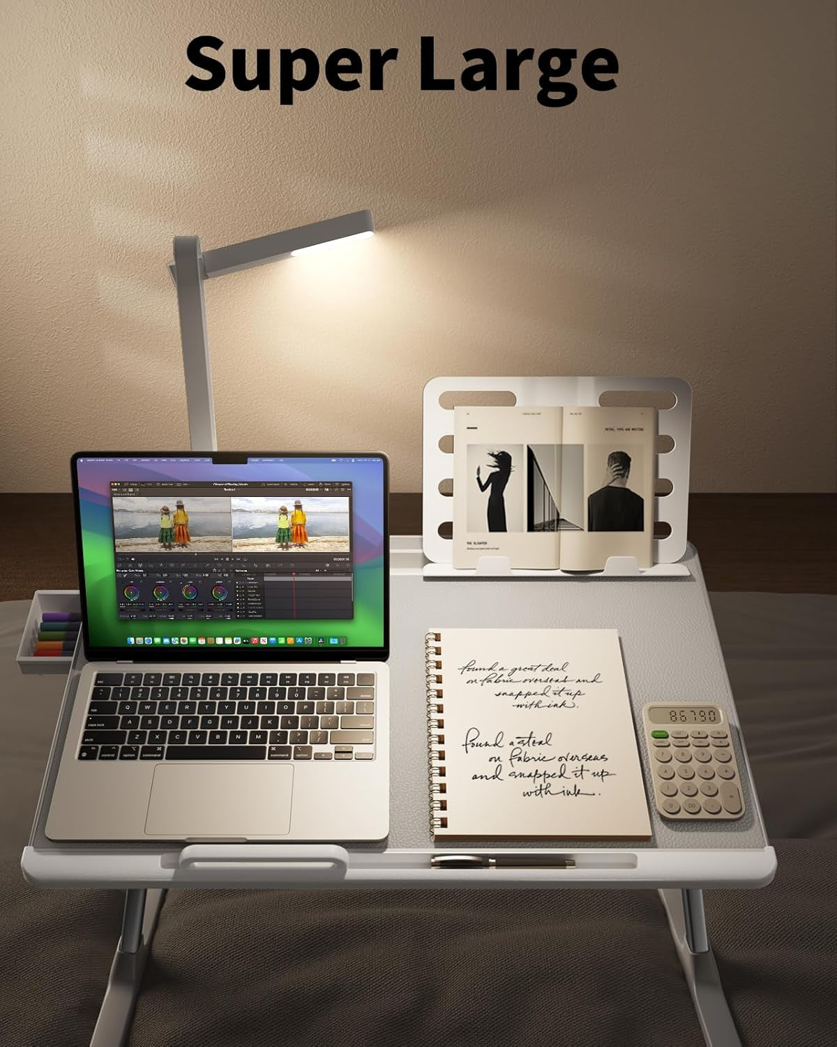 Laptop Bed Tray Desk with LED Desk Light, Adjustable Laptop Stand for Bed, Xx-Large PVC Leather Foldable Table with Book Stand, Wrist Rest, Extra Leg Room (Grey)