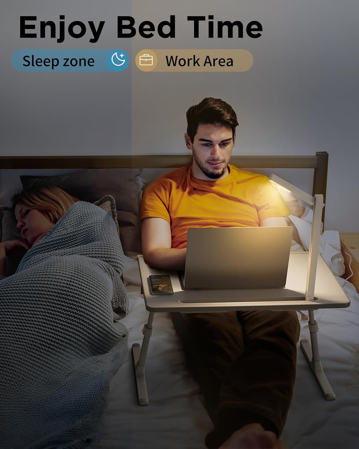 Laptop Bed Tray Desk with LED Desk Light, Adjustable Laptop Stand for Bed, Xx-Large PVC Leather Foldable Table with Book Stand, Wrist Rest, Extra Leg Room (Grey)