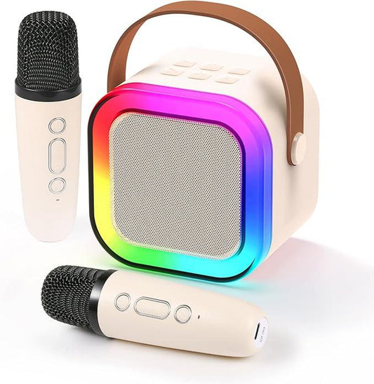 Fede Karaoke Machine for Kids & Adults Mini Bluetooth Speaker with 2 Wireless Microphones LED Lights & Voice Changer Effects Portable Karaoke Machine Toy for Boys Girls Beige