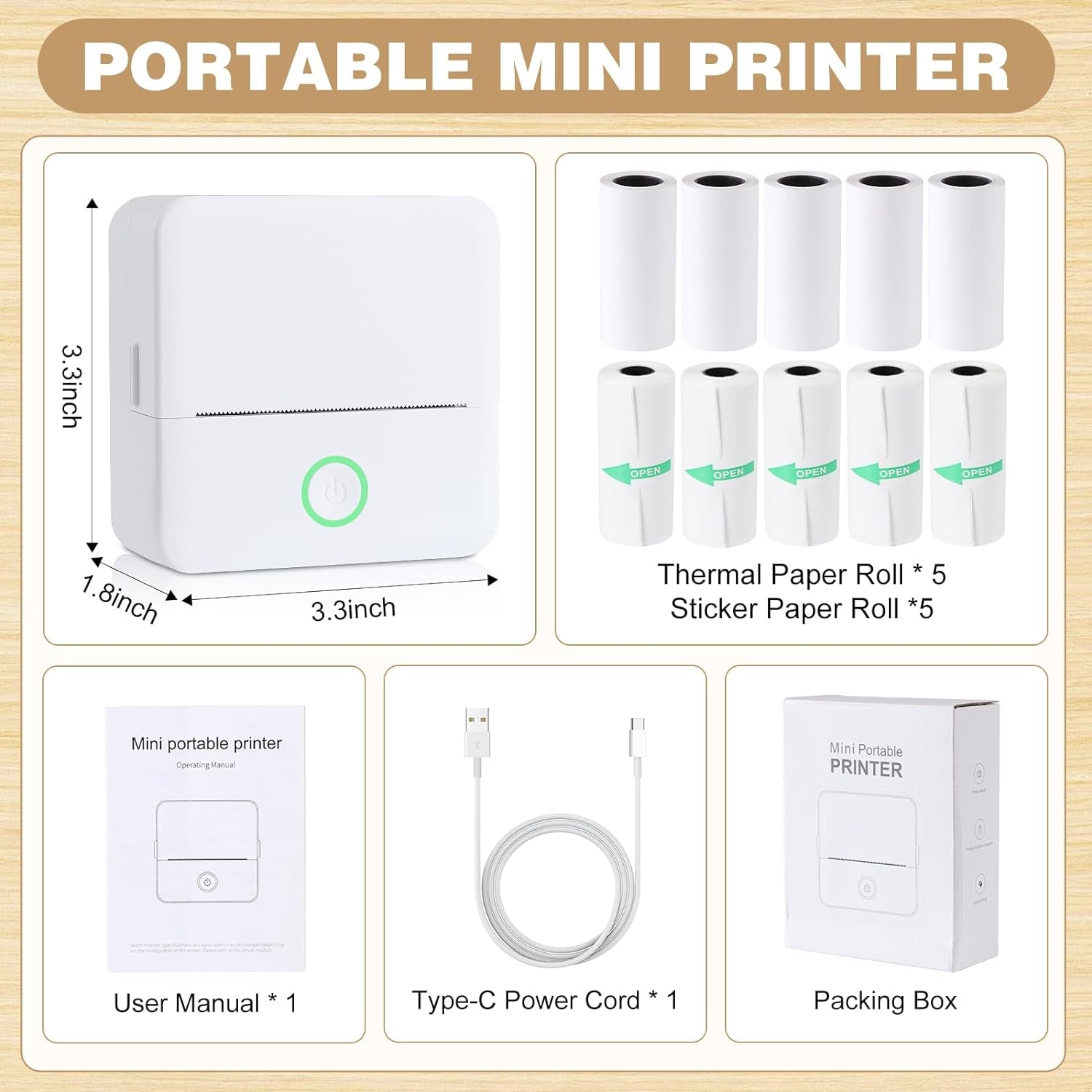Print Pods Mini Printer, Thermal Inkless Sticker Maker with 10 Rolls Printing Paper, Pocket Printpod for Phone, Impresora Portátil for Notes, DIY, Compatible with Ios & Android (White)