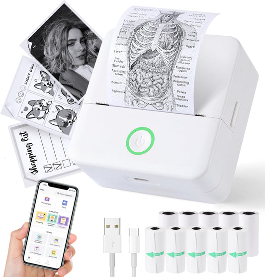 Print Pods Mini Printer, Thermal Inkless Sticker Maker with 10 Rolls Printing Paper, Pocket Printpod for Phone, Impresora Portátil for Notes, DIY, Compatible with Ios & Android (White)