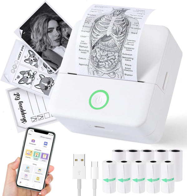 Print Pods Mini Printer, Thermal Inkless Sticker Maker with 10 Rolls Printing Paper, Pocket Printpod for Phone, Impresora Portátil for Notes, DIY, Compatible with Ios & Android (White)