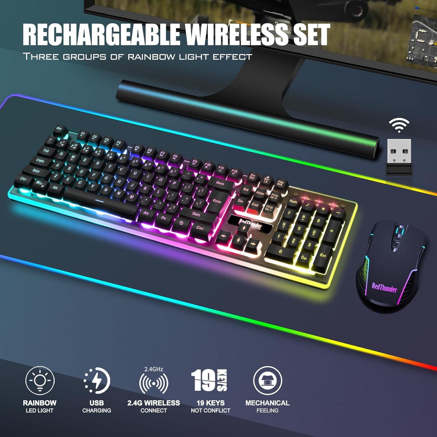 K10 Wireless Gaming Keyboard and Mouse Combo, LED Backlit Rechargeable 3800Mah Battery, Mechanical Feel Anti-Ghosting Keyboard + 7D 3200DPI Mice for PC Gamer (Black)