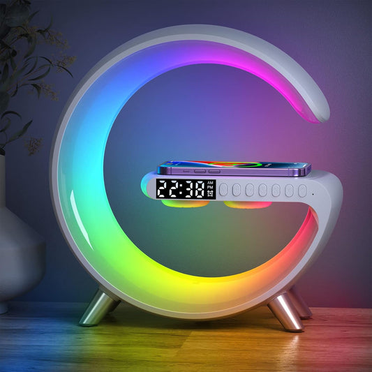 Bluetooth Speaker Lamp with Wireless Charger, RGB Night Light, Alarm Clock, App Control - White
