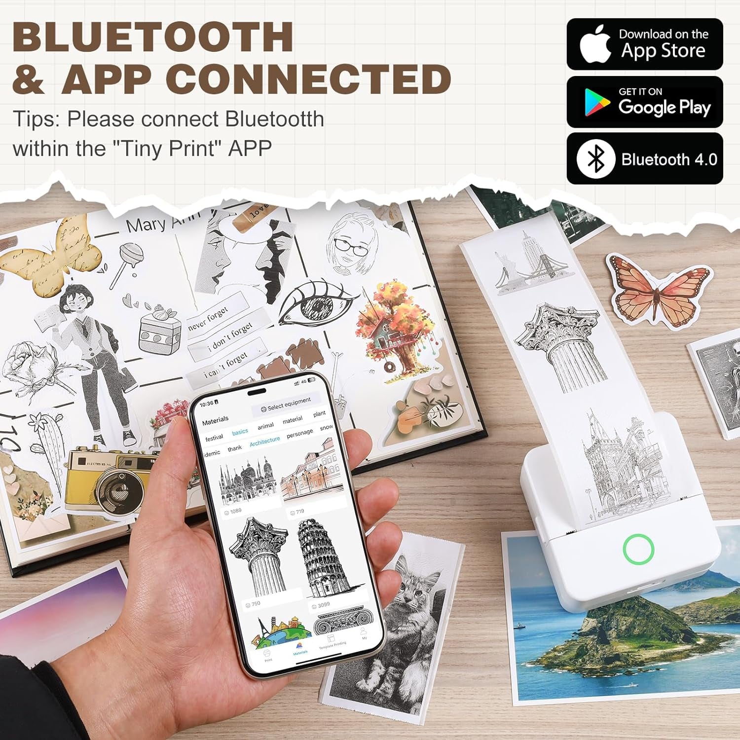 Print Pods Mini Printer, Thermal Inkless Sticker Maker with 10 Rolls Printing Paper, Pocket Printpod for Phone, Impresora Portátil for Notes, DIY, Compatible with Ios & Android (White)