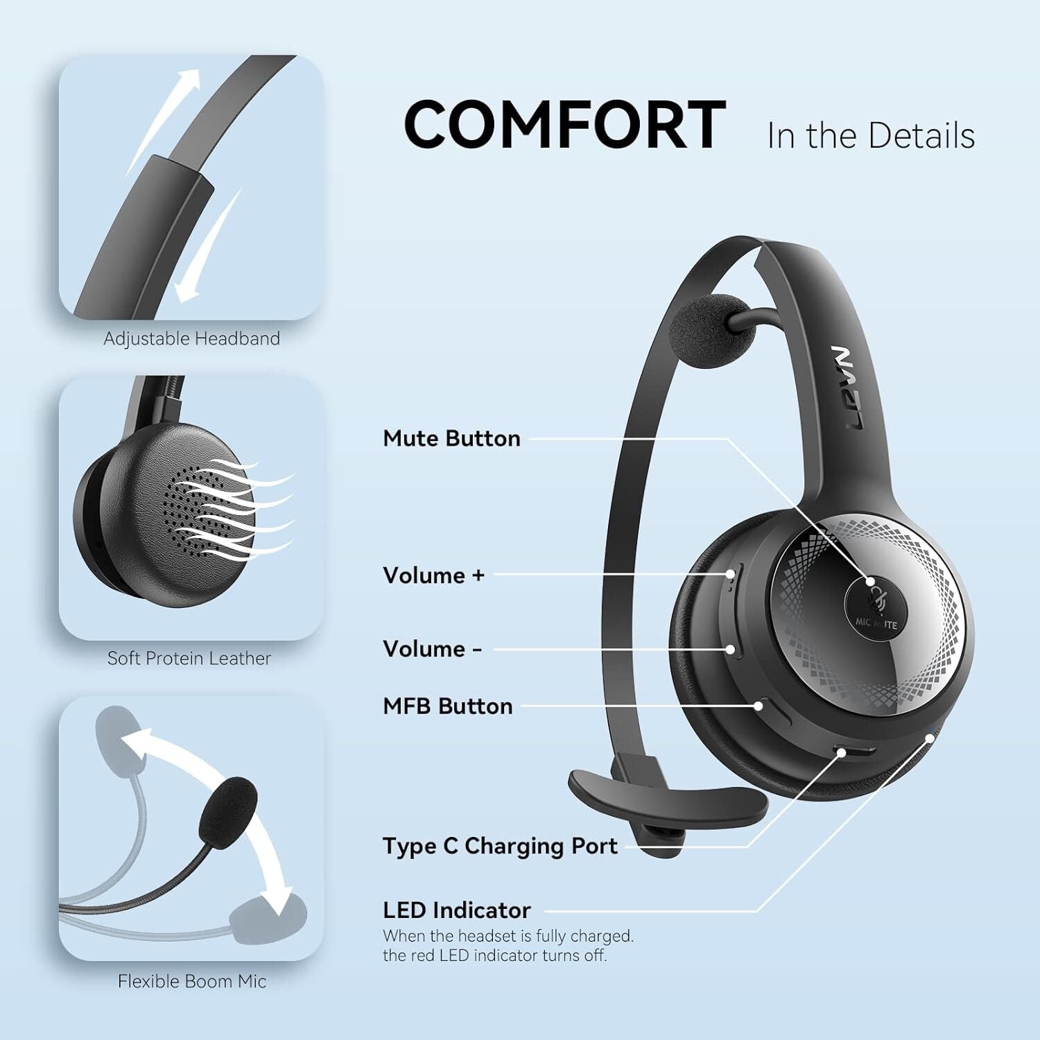 LEVN Bluetooth Headset, Wireless Headset with Microphone & Mute Button, 60Hrs