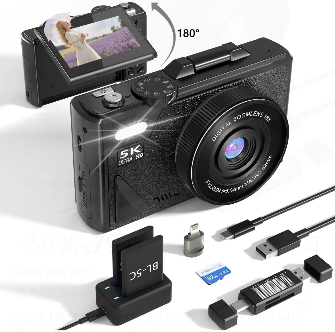 Digital Camera  5k, 180° digital camera with flip screen .