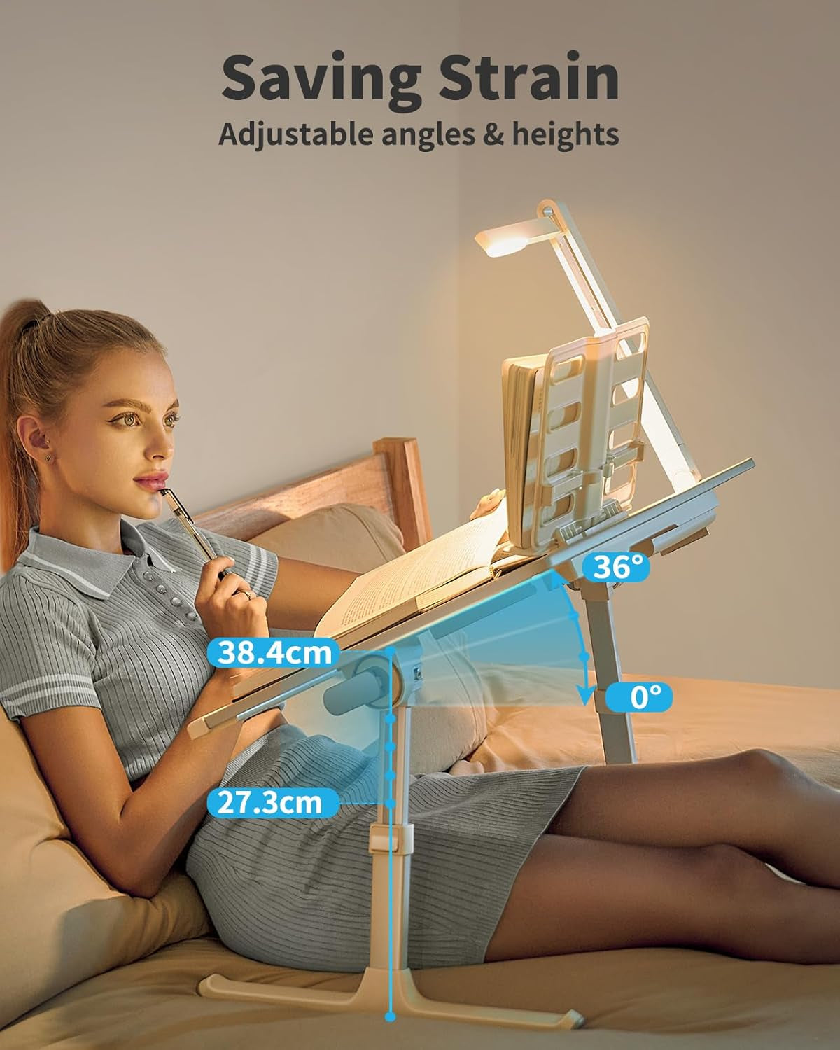 Laptop Bed Tray Desk with LED Desk Light, Adjustable Laptop Stand for Bed, Xx-Large PVC Leather Foldable Table with Book Stand, Wrist Rest, Extra Leg Room (Grey)