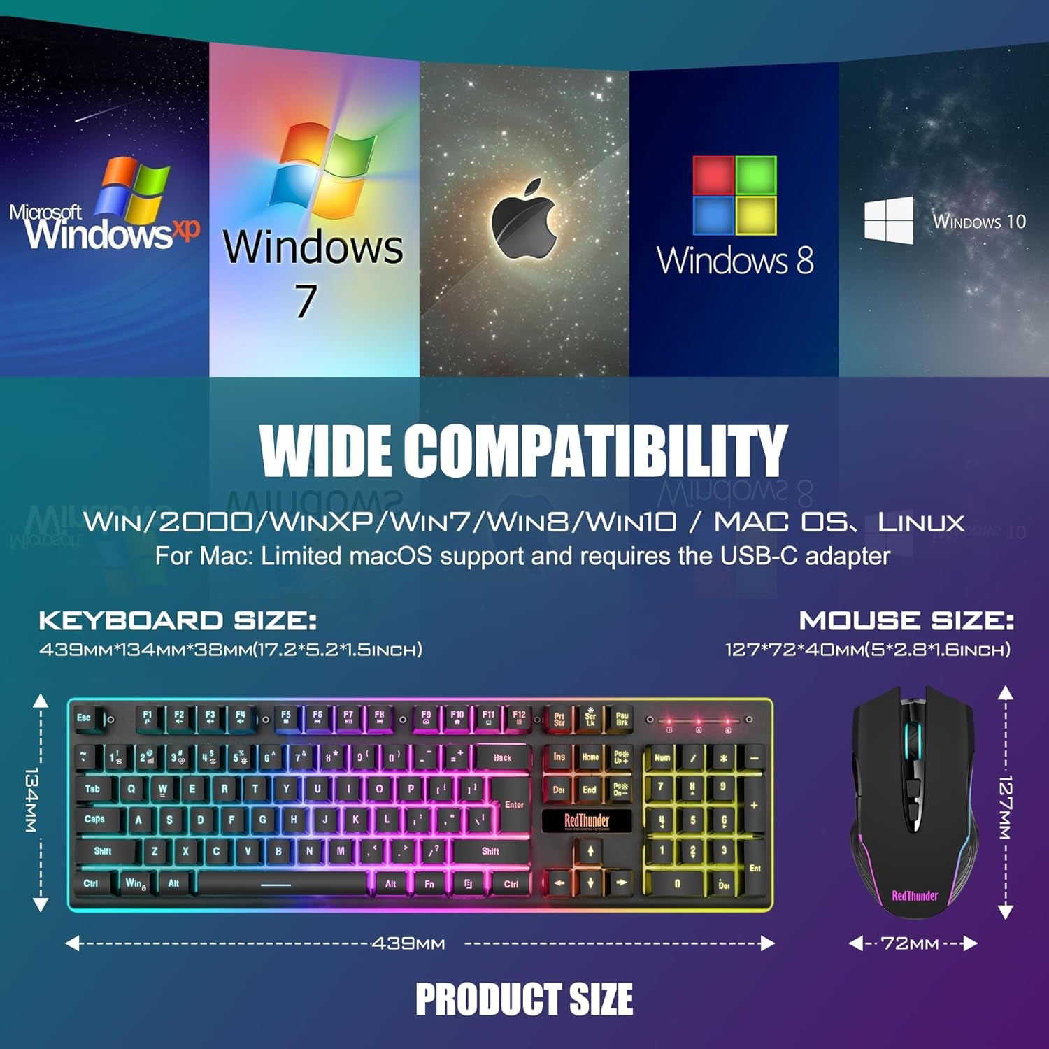 K10 Wireless Gaming Keyboard and Mouse Combo, LED Backlit Rechargeable 3800Mah Battery, Mechanical Feel Anti-Ghosting Keyboard + 7D 3200DPI Mice for PC Gamer (Black)