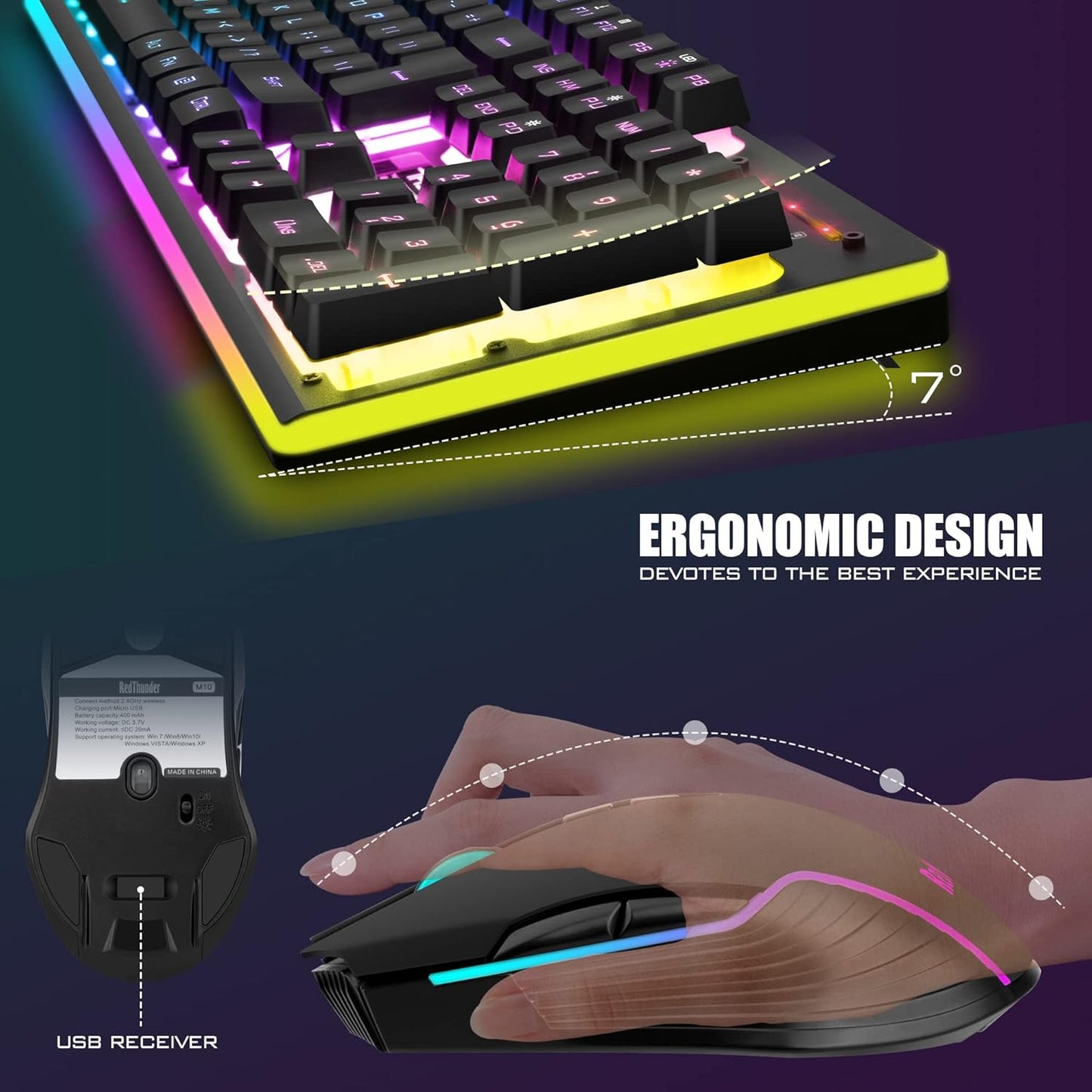 K10 Wireless Gaming Keyboard and Mouse Combo, LED Backlit Rechargeable 3800Mah Battery, Mechanical Feel Anti-Ghosting Keyboard + 7D 3200DPI Mice for PC Gamer (Black)