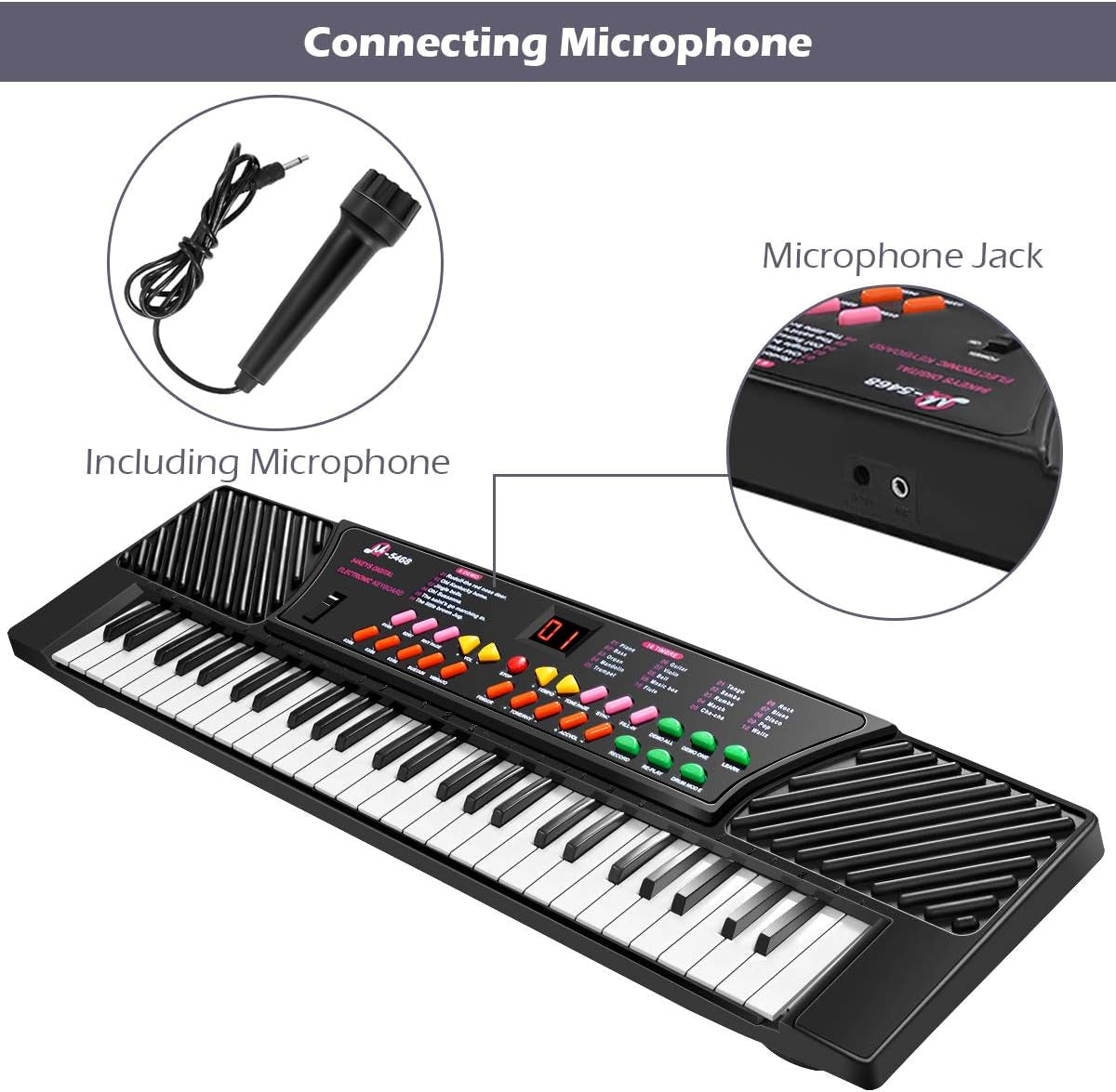 54-Key Electronic Keyboard for Kids Beginners with Mic & Adapter Including LED Digital Display, Learning Function & Demo Songs Standard Accordion Keys Piano Keyboard (Black)