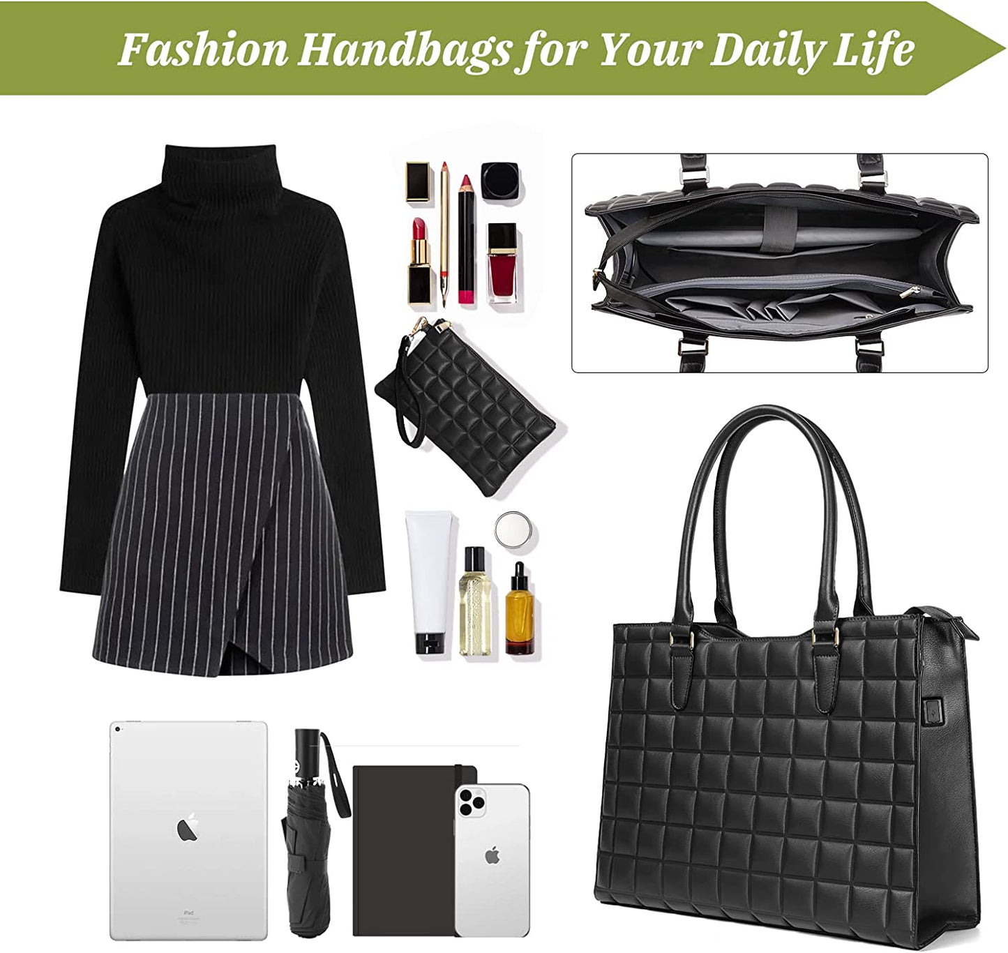 Laptop Tote Bag for Women Waterproof PU Leather Briefcase Computer Bag with Built-In USB Charging Port,Business Office 15.6 Inch Laptop Bag Large Capacity Handbag Satchel Purse 3Pcs Set (Black)