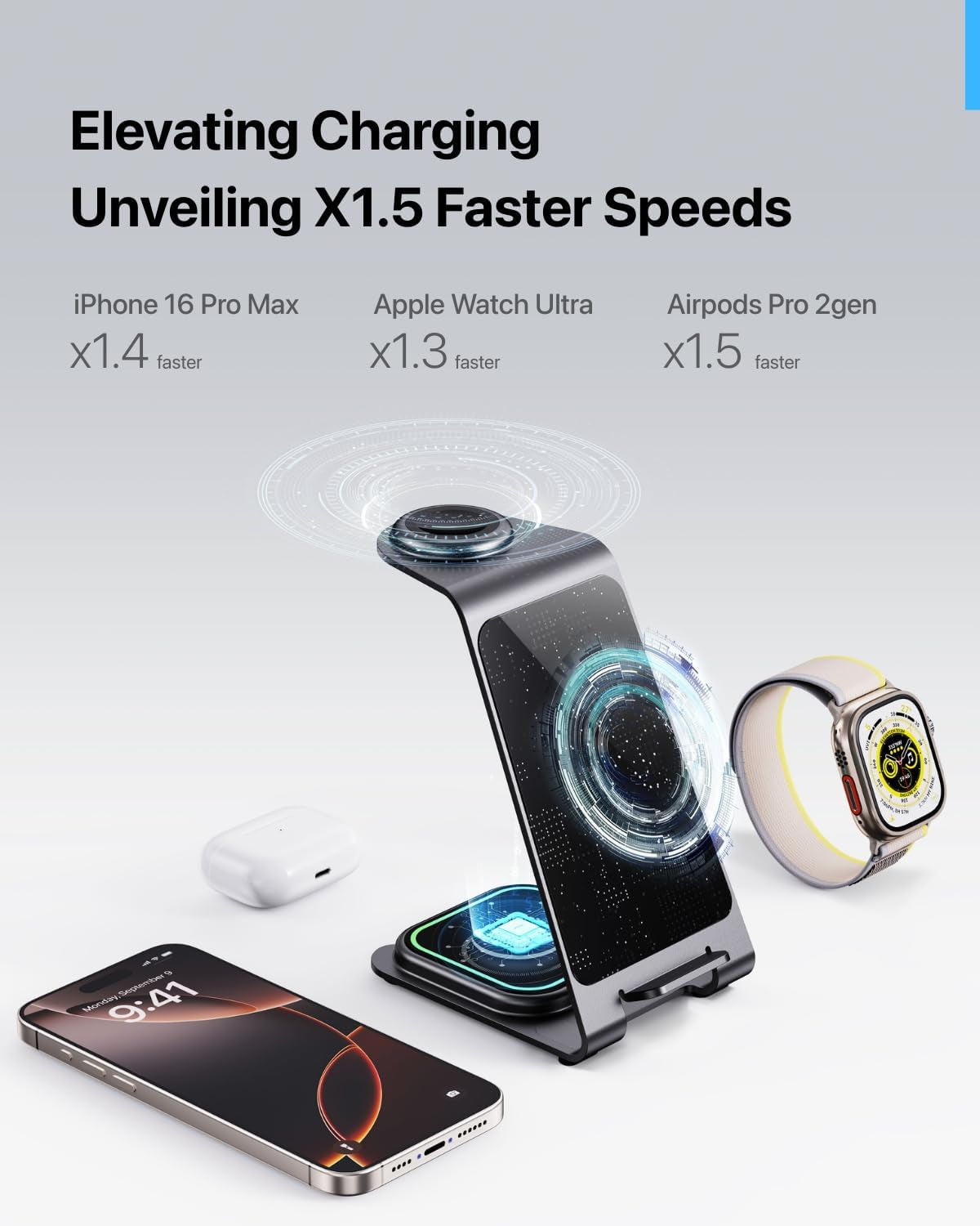 Aluminum 3 in 1 Wireless Charging Station for Iphone 17 16 15 14 13 12 11 Pro Max XR, Wireless Charger for Apple Watch 11 10 9 8 7 Ultra SE 3 2, Phone Charger for Airpods 4 Pro 2 3 (Grey)